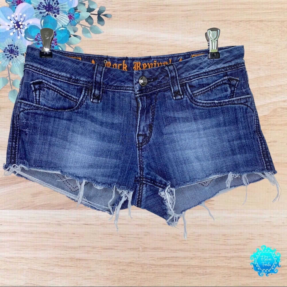 Rock Revival Charlotte Flare Cutoff Jean Shorts w Decorative Pocket; 27